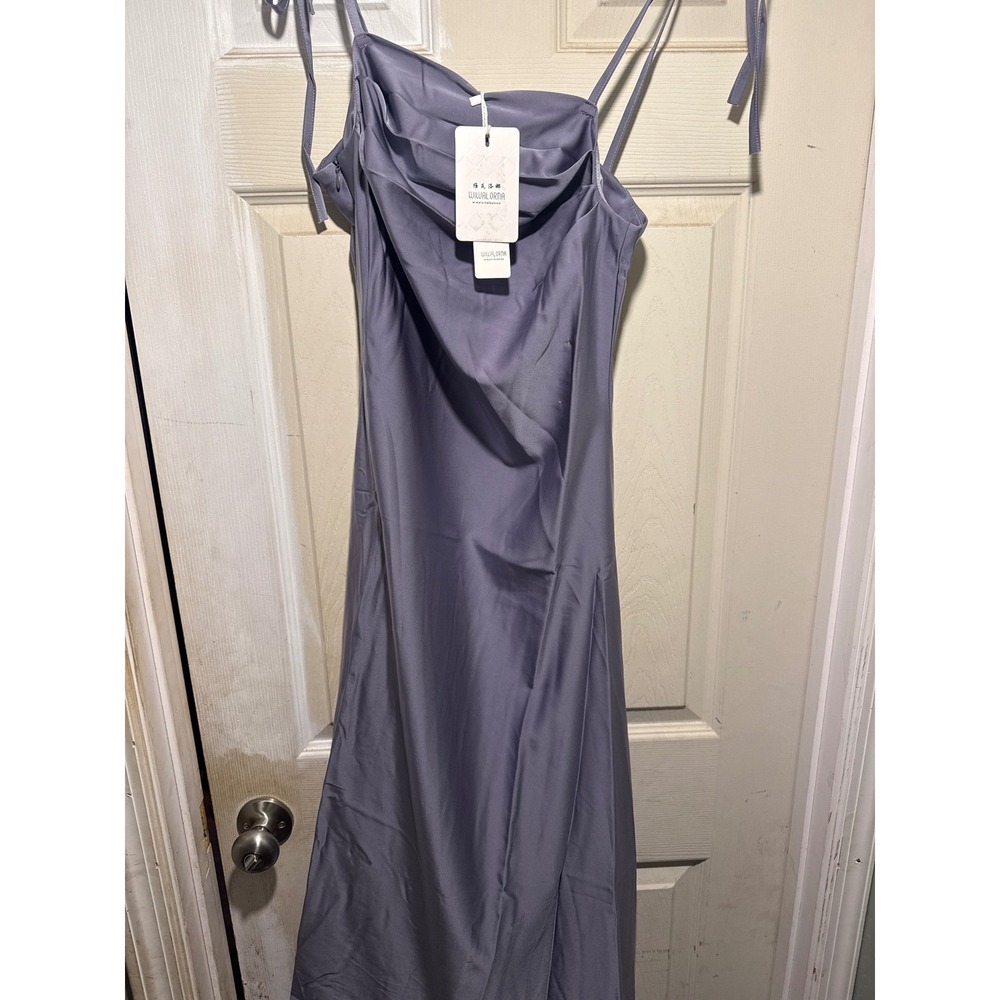 WIWALORNA Womens Purple Satin Slip Midi Dress Spaghetti‎ Straps Slit Size S